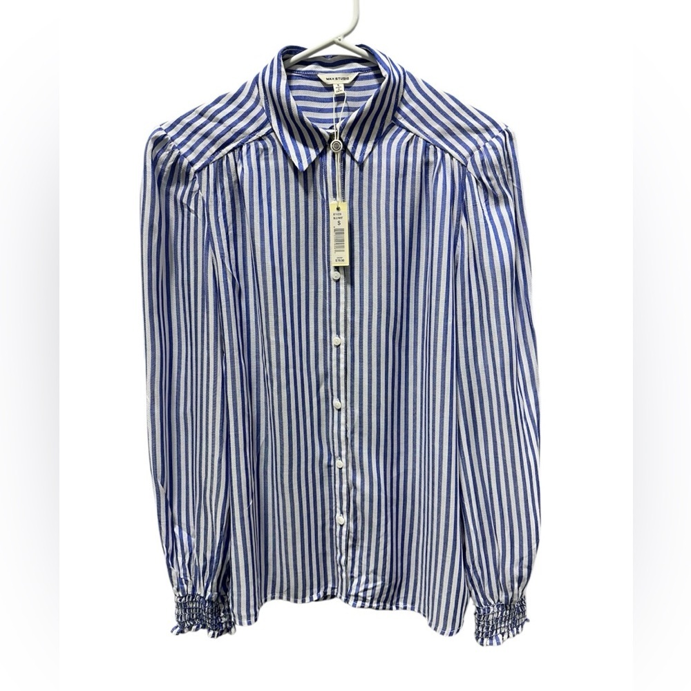 NWT Max Studio Blue and White Striped Casual Button Down Shirt